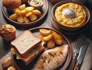 Un plato con un sandwich, otro plato con una tortilla de patatas, otro plato con una pieza blanca de pescado en salsa y muffins